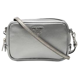 Prada Mini Metallic Saffiano Lux Kamera Tasche Silber