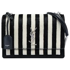 Borsa a tracolla Saint Laurent Medium Striped Ponyhair e Calfskin Monogram Sunset nera