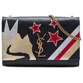 Saint Laurent Kate Rockstar Patchwork Monogram Crossbody aus glattem schwarzem Kalbsleder, Größe Medium