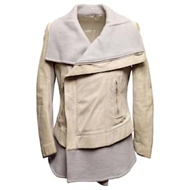 Chaqueta moto multicapa de cuero y lana beige Rick Owens Talla US 12