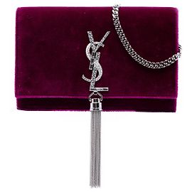 Piccola borsa a tracolla Kate in velluto monogramma viola Saint Laurent con nappa