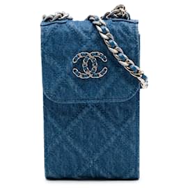 Borsa telefono Chanel 19 in denim blu con catena
