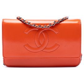Orange Chanel CC Patent Caviar Wallet On Chain Crossbody Bag
