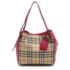 Borsa Tote Canterbury in nylon e pelle di vitello con motivo Haymarket Check rosso di Burberry Small
