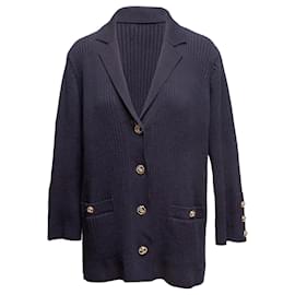 Marineblauer Chanel Baumwoll-Rippstrick-Cardigan Größe FR 48