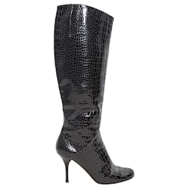 Schwarze Giuseppe Zanotti Lackstiefel mit Krokodilprägung und Absatz Kniehoch Größe 9.5