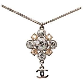 Chanel CC Anhänger-Halskette aus Silberfarbenem Messing und Strass