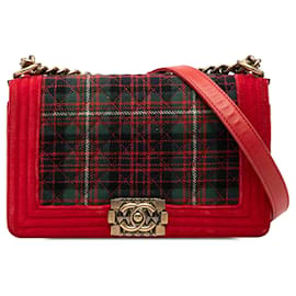 Borsa a tracolla Boy Flap in tweed trapuntato e velluto rosso Chanel Old Medium