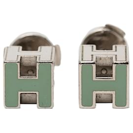 Green Hermès Palladium Plated Enamel Cage dH Cube Push Back Earrings