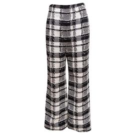 Schwarz-weiße Chanel Tweed-Hose mit Verzierungen im Karomuster Größe FR 38
