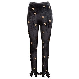 Schwarze Chanel Velours-Leggings mit Knopfverzierungen Größe FR 38