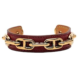 Red Hermès Leather and Gold Plated Chaine d Ancre Cuff Bracelet