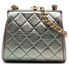 Borsa a tracolla Chanel Mini CC in agnello metallizzato trapuntato argento