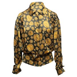 Vintage Seidenbluse Schwarz & Gold Chanel Boutique Münzprint Größe FR 38