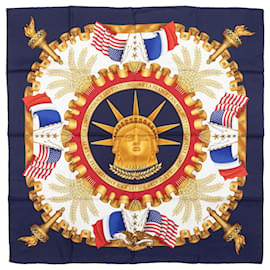 Sciarpa in seta Hermes Liberty di Joachim Metz con stampa multicolore e blu navy - Hermès