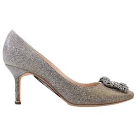 Décolleté Lamé Manolo Blahnik con Fibbia di Cristallo Argento e Oro Taglia 37