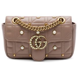 Gucci Borsa a tracolla Aria in pelle di vitello matelassé con borchie di perle Small GG Marmont marrone