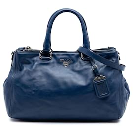 Borsa Tote Convertibile in Pelle di Vitello Morbida con Doppia Cerniera Blu Prada