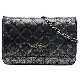 Grey Chanel CC Quilted Metallic Fabric Wallet On Chain Crossbody Bag