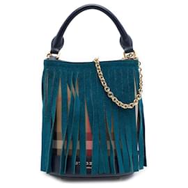 Borsa bucket con frange Burberry Prorsum House Check in tela e scamosciato blu