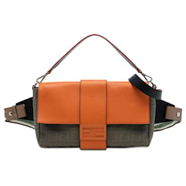 Brown Fendi Large Zucca Canvas and Leather Convertible Belt Baguette Satchel