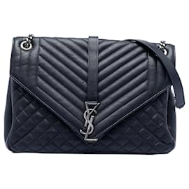 Borsa College Large Triquilt in pelle di pecora con monogramma blu Saint Laurent