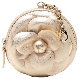 Portamonete rotondo con zip Chanel Mini CC in agnello metallizzato con bouquet di camelie dorato