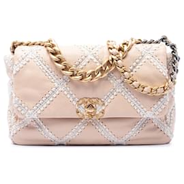 Bolso Chanel 19 Flap de piel de becerro de crochet rosa Large
