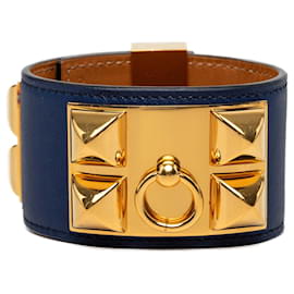 Blue Hermès Swift and Gold Plated Collier de Chien Bracelet