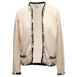 Vintage Beige & Schwarz Chanel Cashmere Cardigan mit offenem Front Verschluss Größe FR 42