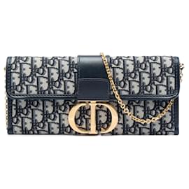 Clutch 30 Montaigne in tela Dior Oblique blu con catena, borsa a tracolla