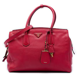 Borsa Tote Convertibile con Zip in Vitello Daino Rosso Prada