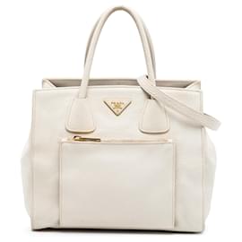 Borsa Tote Convertibile Aperta con Tasca Anteriore in Vitello Daino Bianco Prada