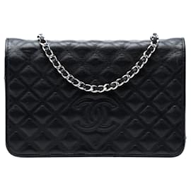 Schwarze Chanel CC geprägte Lammfell Diamond Wallet On Chain Crossbody Bag