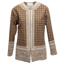 Bestickte Jacke aus Woll-Kaschmir-Mischung in Braun & Weiß Oscar de la Renta Größe US 8