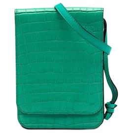 Borsa a tracolla piatta con soffietto in pelle con stampa coccodrillo e Anagram verde LOEWE