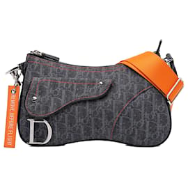 Sac bandoulière Dior Oblique Denim Flight Double Saddle bleu