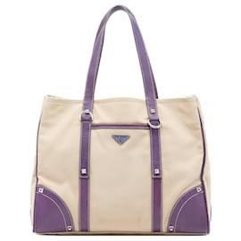 Borsa Tote Satchel Prada in tela marrone con bordi in pelle borchiata e tasca anteriore