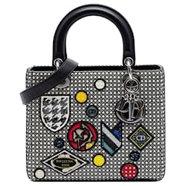 Borsa Lady Dior in pelle di vitello nera con inserti in mesh microcannage, misura Medium