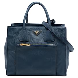 Borsa Tote Convertibile Aperta con Tasca Anteriore in Vitello Daino blu Prada