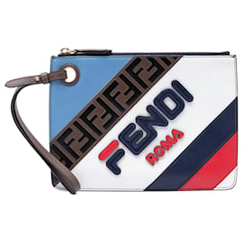 Clutch in pelle blu Fendi Fila Mania multicolore con stampa Zucca in rilievo