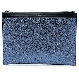 Clutch per Tablet con Zip in Pelle Glitterata Nera Saint Laurent