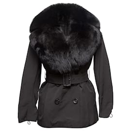 Autre Marque Kurzer schwarzer Novespazio Trenchcoat mit Fuchspelzbesatz Größe US S