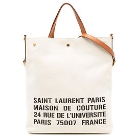 Borsa Tote Satchel convertibile Saint Laurent in tela beige con logo stencil
