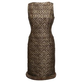 Braunes und goldenes Oscar de la Renta Jacquard-Kleid mit Pelzbesatz Größe US S