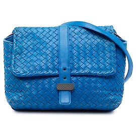 Borsa a tracolla con doppia patta in nappa intrecciato blu Bottega Veneta