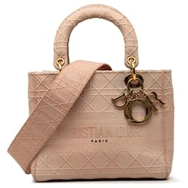 Sac à main Lady D Lite en toile brodée Cannage Dior rose, taille Medium