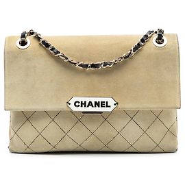 Borsa a Spalla Chanel Quilted Suede Retro Label Beige