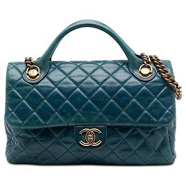 Borsa Chanel Medium Glazed Calfskin Castle Rock Top Handle Flap Satchel blu