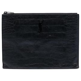 Clutch porta documentos en cuero con grabado de cocodrilo negro y monograma Saint Laurent